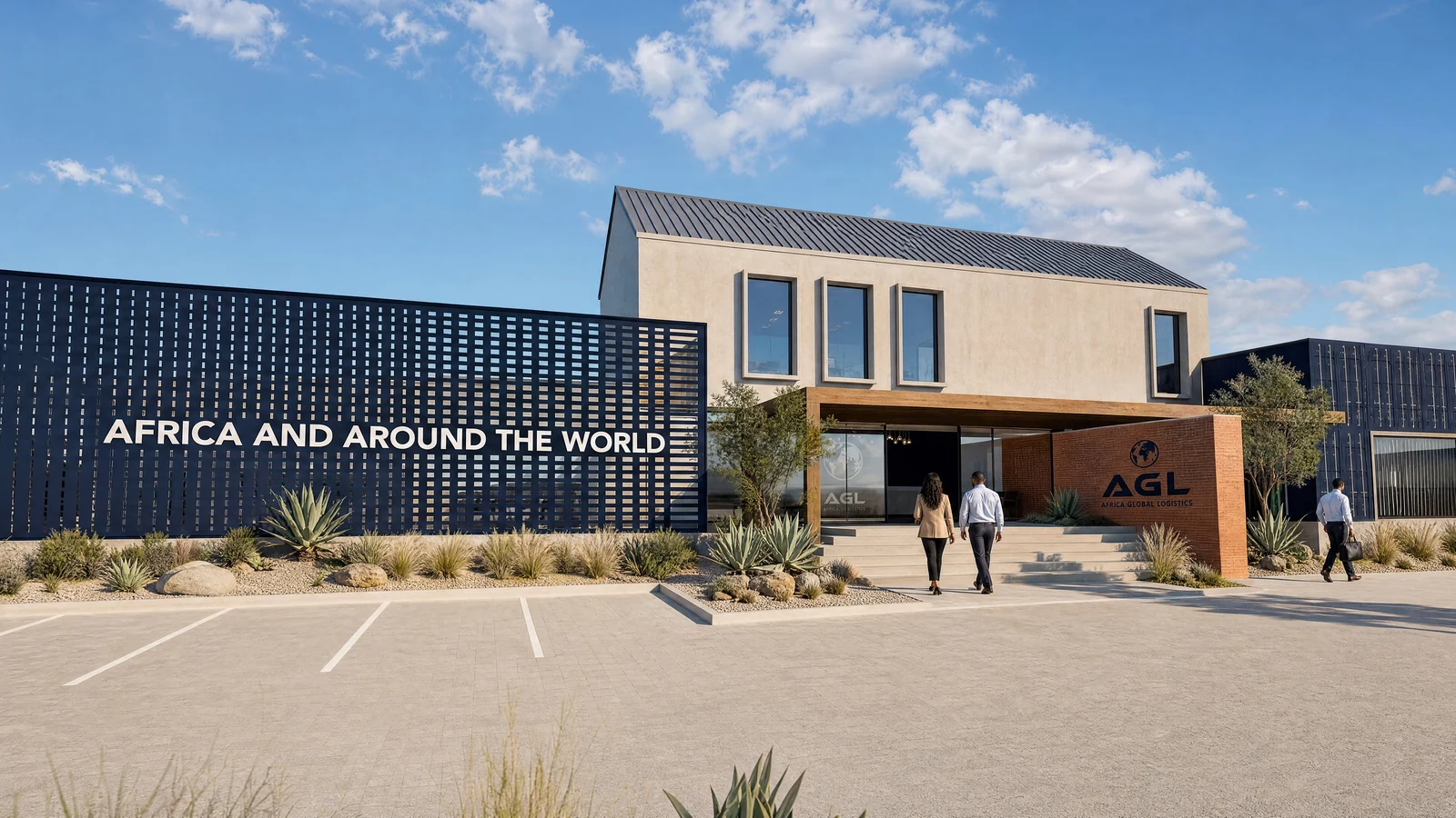 AGL offices: a grey gabled building between dark navy perforated screens, with a red-brick entrance wall